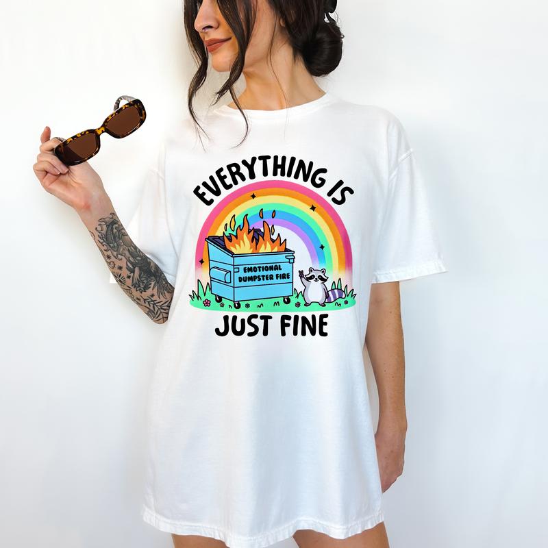 Dumpster Fire Raccoon - T-Shirt -  Print is Sublimation, Unisex T-Shirt, Funny Tee,Gift Idea, Relaxed Fit, Casual Apparel, Great with Jeans, Womenswea