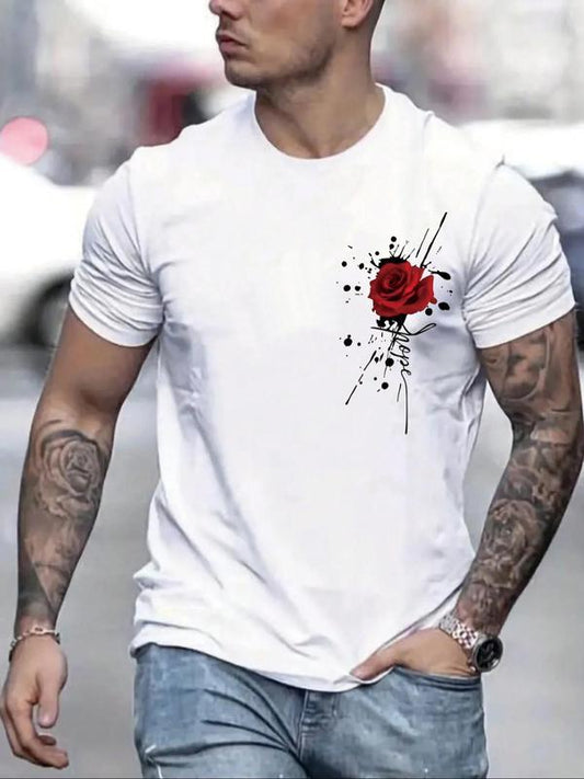 Men's Rose & Letter Print Round Neck Tee, Loose Casual Short Sleeve Crew Neck T-Shirt for Summer, Fashion Men's Top for Daily Wear Sweatshirt, Hoodie,