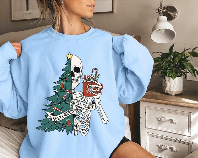 Sorta Merry Sorta Scary Crewneck Sweatshirt, Skeleton Christmas Sweater, Festive Holiday Sweatshirt, Funny Xmas Shirt, Ugly Xmas Sweater, Funny Christ
