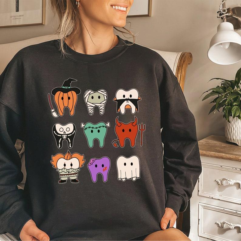 Halloween T.e.e.t.h Dental Shirt, Pediatric Dentist Shirt, Hygienist Halloween , Dentist Halloween Shirt Collar Comfort Cotton Fabric