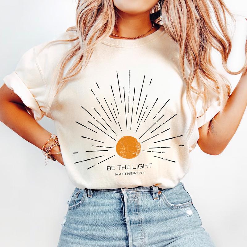 Be The Light Mathew 514 Sunburst Vintage Bible Verse Shirt, Christian Celestial Boho Sun Unisex Tee t shirt