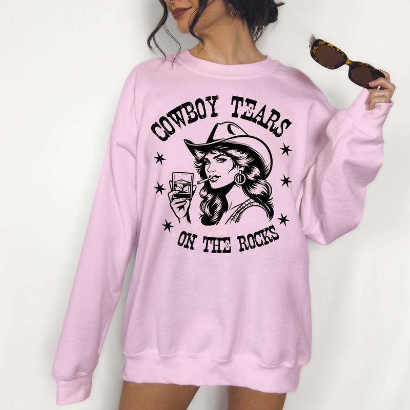 Cowboy Tears on the Rocks - Unisex Crewneck Sweatshirt - Print is Sublimation, Funny Tee, Funny Apparel, Gift Idea, Relaxed Fit, Casual Apparel