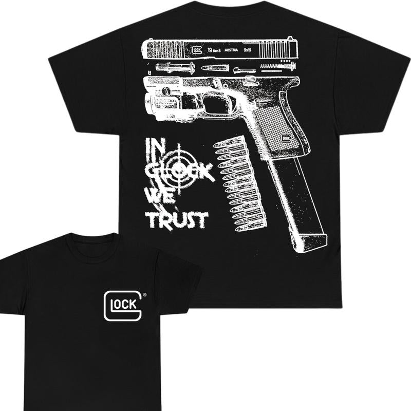 In Glock We Trust Double Sided Print T-Shirt - Glock shirt - Classic Width and Collar for Men and Women - Design color Black and White , Cotton Menswe