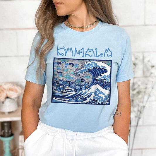 Blue Wave Cat For Kamala Shirt, Ukiyo-e Inspired Japanese Artistic Cat Lover T-Shirt, Trendy Cat Wave Shirt, Kamala Harris 2024 Shirt
