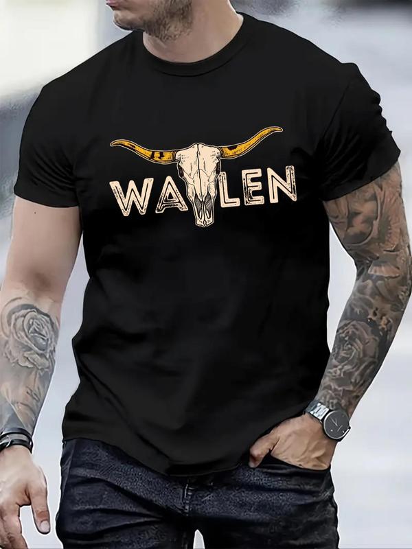 Men's Bull Head & Letter Print Round Neck Graphic Tee,Â Graphic Tees for Men, T Shirts for Men, Regular Fit Casual Short Sleeve Crew Neck T-shirt, Fash