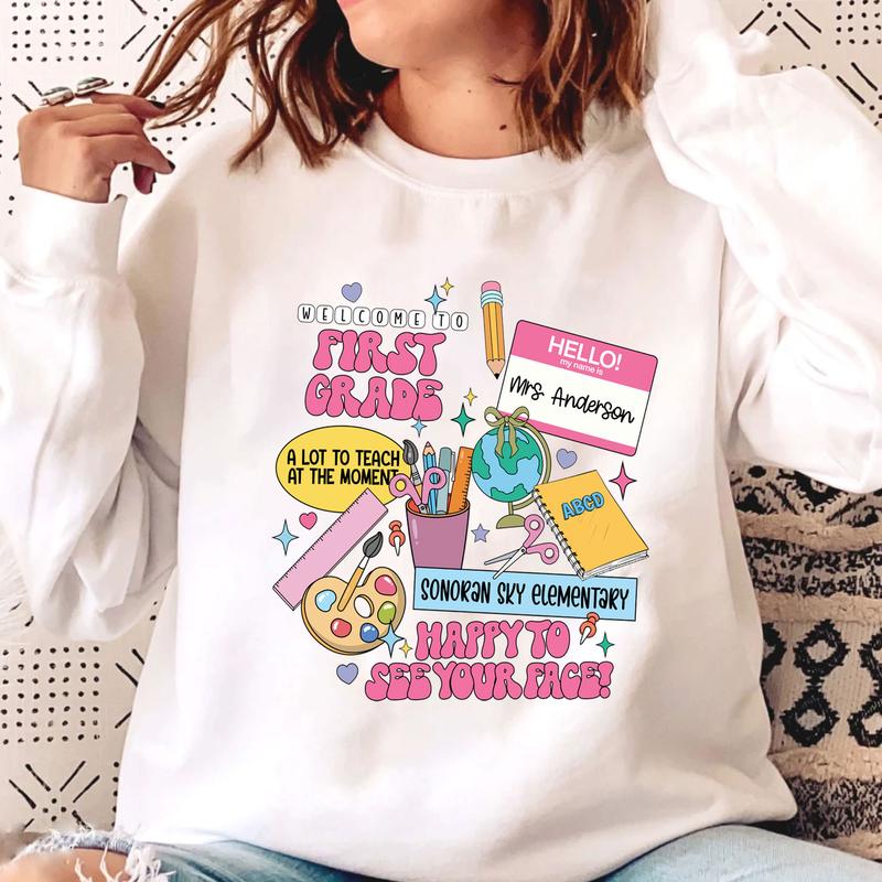 Welcome To 1st Grade Happy To See Your Face Shirt, Happy First Day Of School 1st Grade Teacher Shirt, Custom Name Shirt, Personalized Teacher Shirt (P