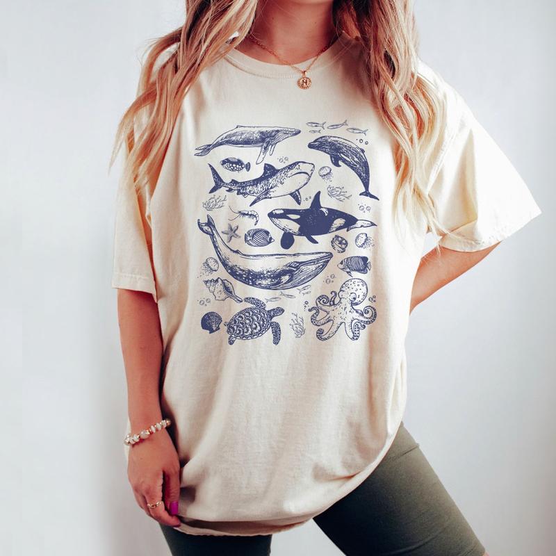 Vintage Sea Annimal Shirt, Ocean Animal Shirt, Ocean Nature Shirt, Gift For Her, Dolphin Shirt, Turtle Tee, Ocean Shirt for Women, Hello Summer Shirt,