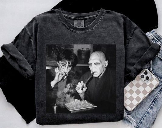 Vintage Harry Potter And Voldemort Smoking Comfort T-shirt, Wizard House Christmas Birthday Gift, Potter Halloween Shirt. Comfort Colors T-shirt