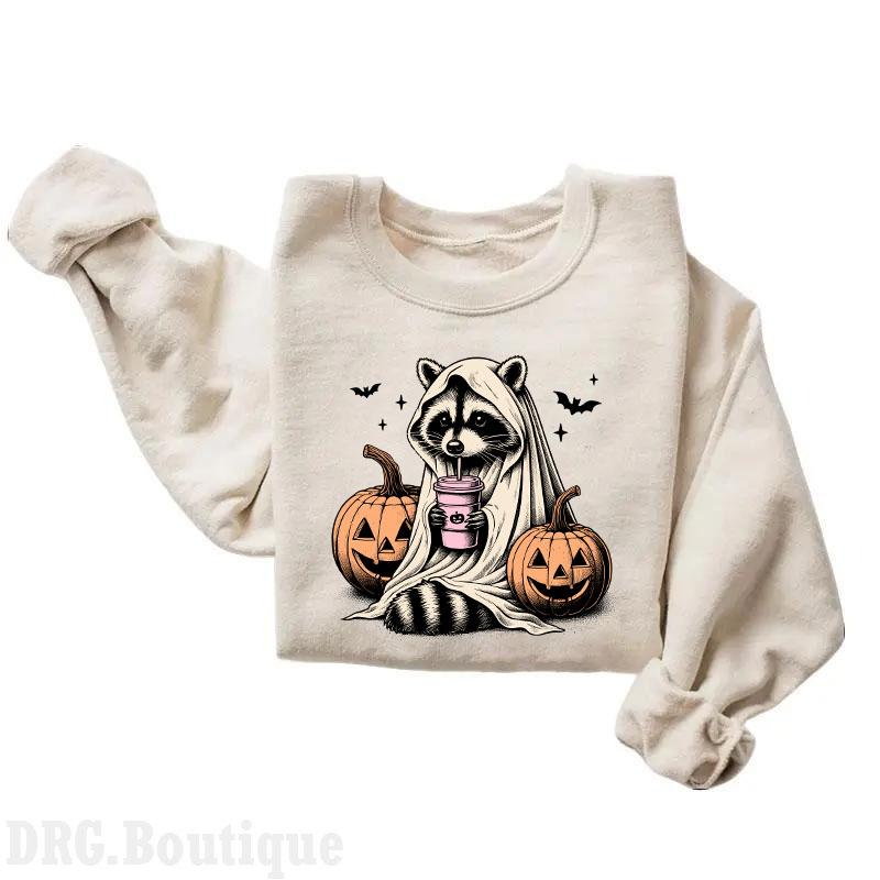 Cute Raccoon Ghost Crewneck, Raccoon Halloween Sweatshirt, Vintage Pumpkin Fall Sweaters, Spooky Season Gift, Halloween 2024 Merch Women's Shirt, Hall