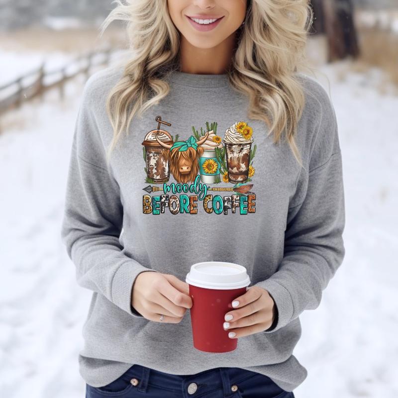 Moody Before Coffee Cow Women's Hoodie - Casual Graphic Tee
