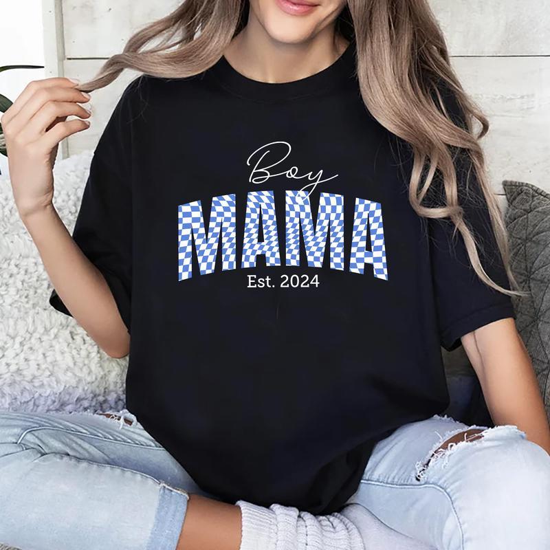 Boy Mama Est. 2024 Shirt, Boy Mom Shirt, Checkered Boy Mama Tee, Mom Graphic Printed Short Sleeve Tee Shirt, Women Cotton Fabric Comforts Shirts, Wome