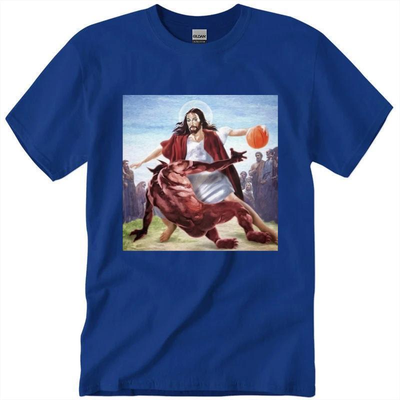 Jesus Crossing Up The Devil T-Shirt, Jesus Basketball Shirt Unisex Classic Cotton Collar Fabric