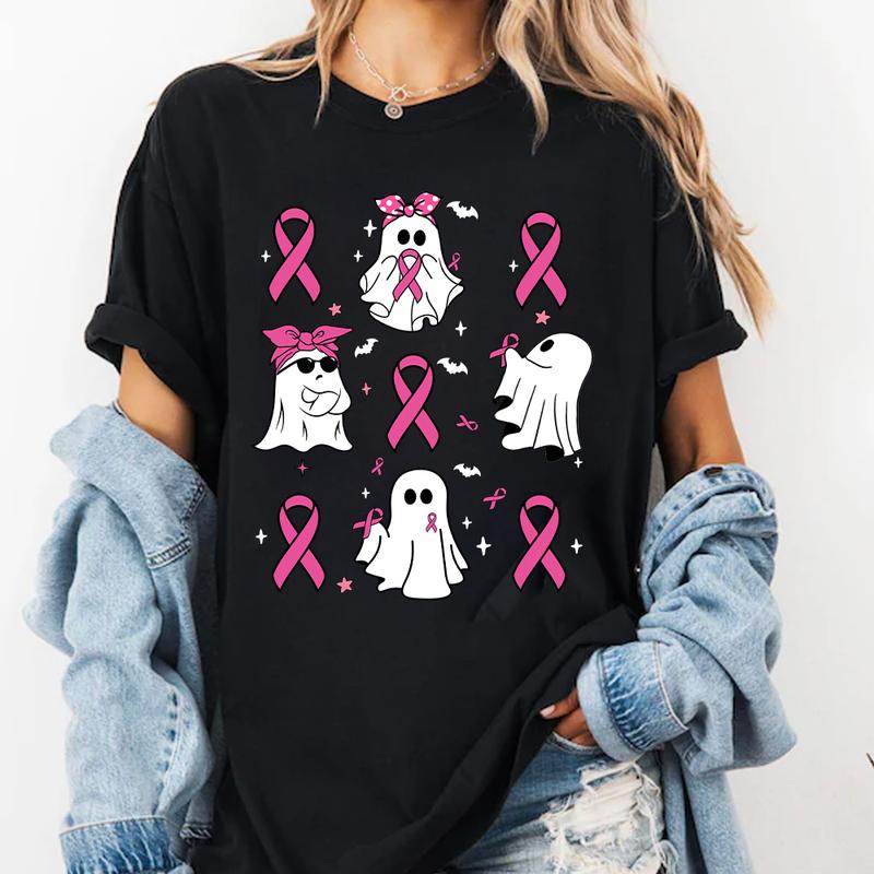 Coquette Breast Cancer Shirt, Ghost Halloween Graphic Tee, Support Squad Shirt, In October We Wear Pink Ghosts, Family Cancer Awareness Gift