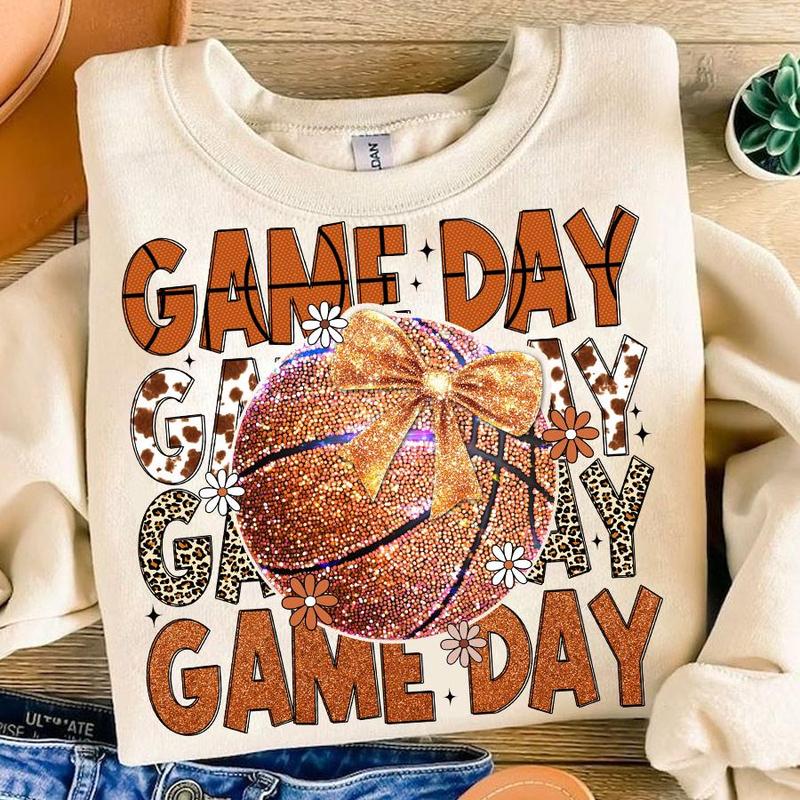 Coquette Basketball Graphic Printed Unisex Crewneck Shirt, Basketball Bow, Basketball Mom Sweatshirt, Game Day, Retro Basketball Season Sports Tee