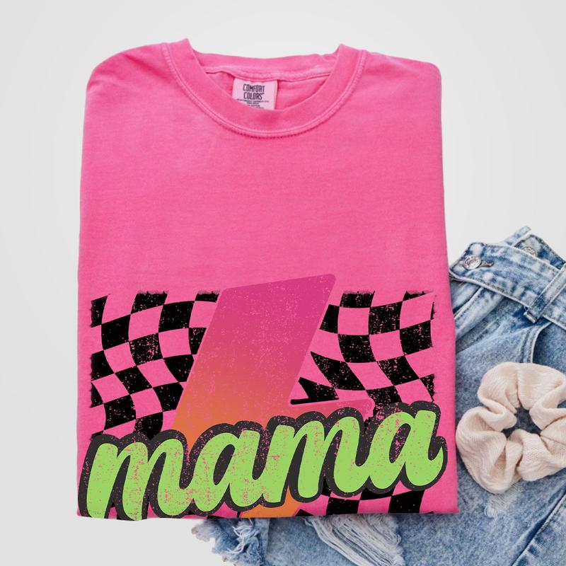 Neon Mama Shirt, Checkered Mama Shirt, Lightning Bolt Shirt, Mothers Day Gift, Retro Checkered Mom Tshirt, Mom Comfort Tee, Gift for Her, Retro Mama S