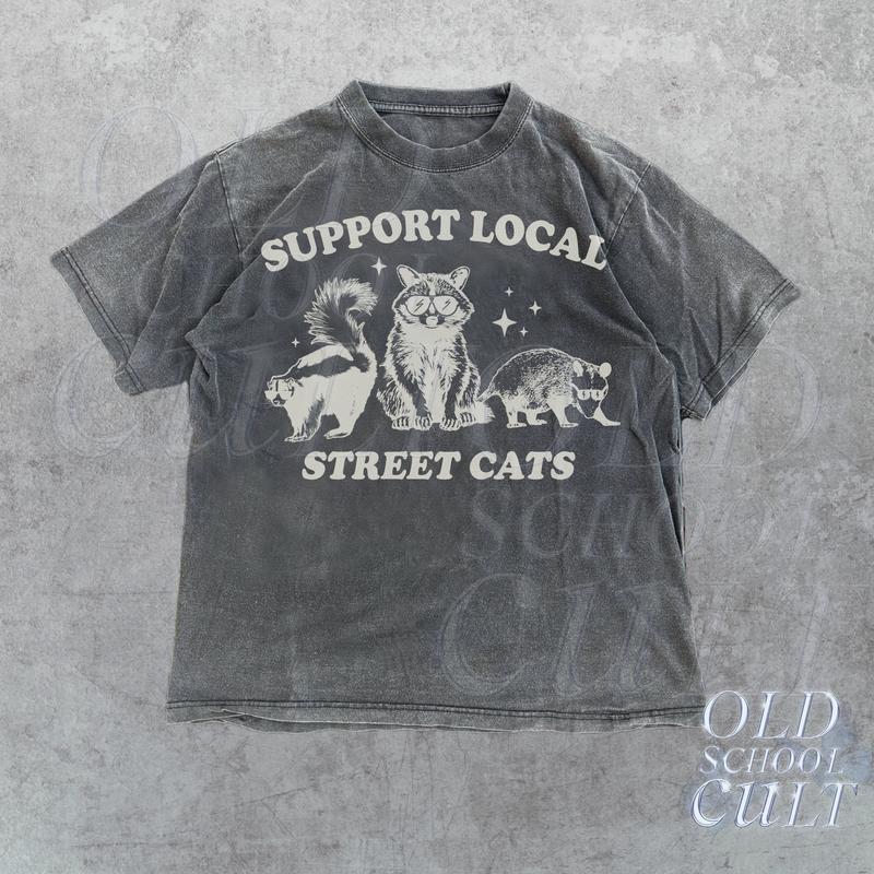 Support Your Local Street Cats Graphic T-Shirt, Retro Unisex Adult T Shirt, Vintage Raccoon T Shirt, Nostalgia T Shirt, Relaxed Cotton Tees
