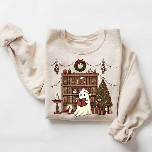Ghost Reading Books Christmas Sweatshirt, Bookish Christmas Crewneck, Cute Ghost Xmas Shirt, Christmas Teacher Gift, Librarian Christmas Shirt, Christ