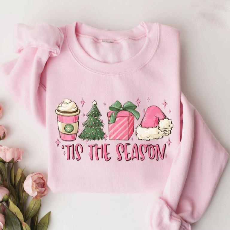 Cute Pink Christmas Sweatshirt, Tis the Season Pink Christmas Sweatshirt, Thanksgiving 2024, Shirt Christmas Coffee, Women's Pink Christmas Crewneck S