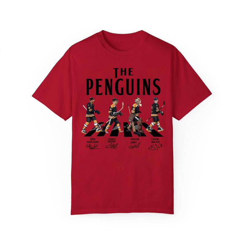 Penguins Walking Abbey Road Signatures Ice Hockey tshirt Menswear T-Shirt Classic Cotton Fabric Jersey Top Collar