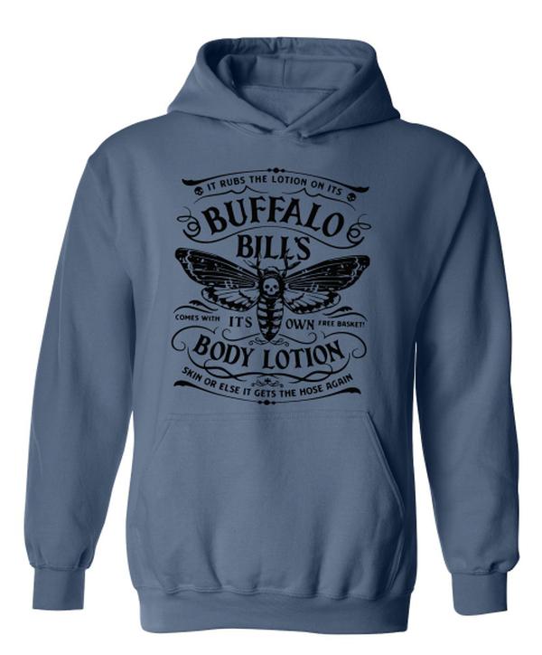 Buffalo Bill Sweatshirt - Blue Fleece Hoodie with Butterfly Graphic Design, Featuring It RUBS THE LOTION Text, Long Sleeve, Casual Style Sweathsirt