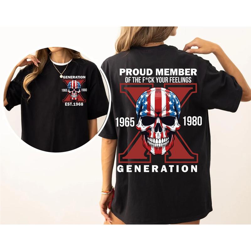 Custom Est.Year 1968 Flag Skull GenerationX 2 Side Skull Shirt, GenX T-shirt, Skull Proud Member Generation X Shirt, Skull Shirt V2