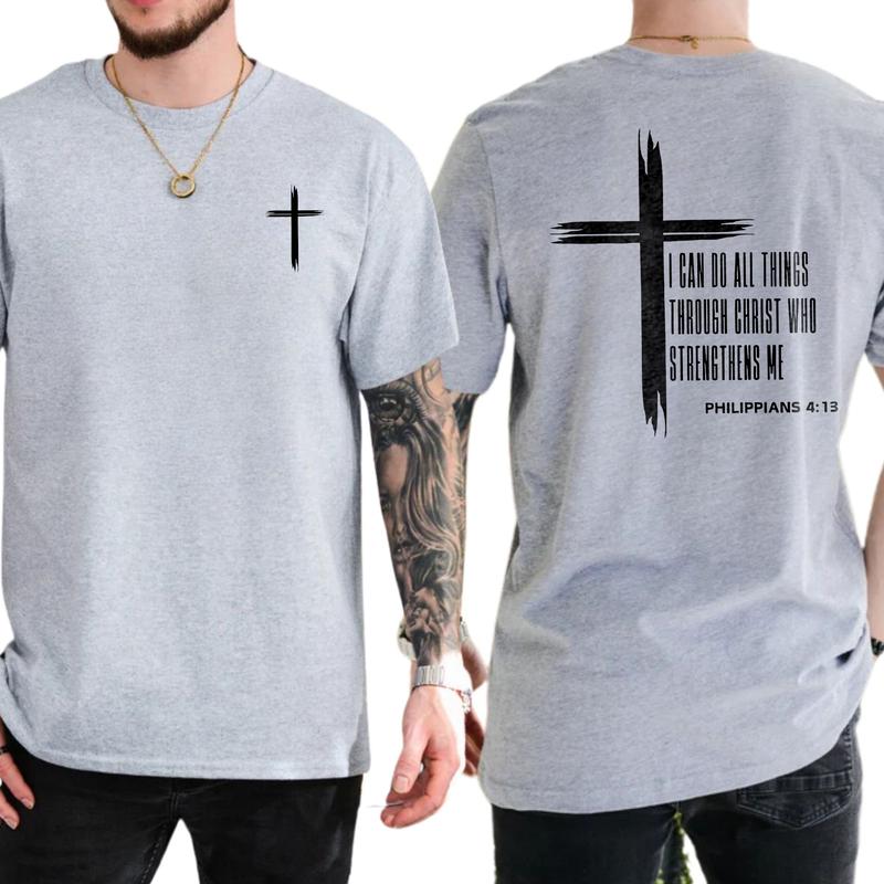 Men's Christian Cross 2-Sided Shirt, I Can Do All Things Through Christ T-shirt, Bible Verses Tops, Jesus Apparel, Religious Tees, Classic Menswear
