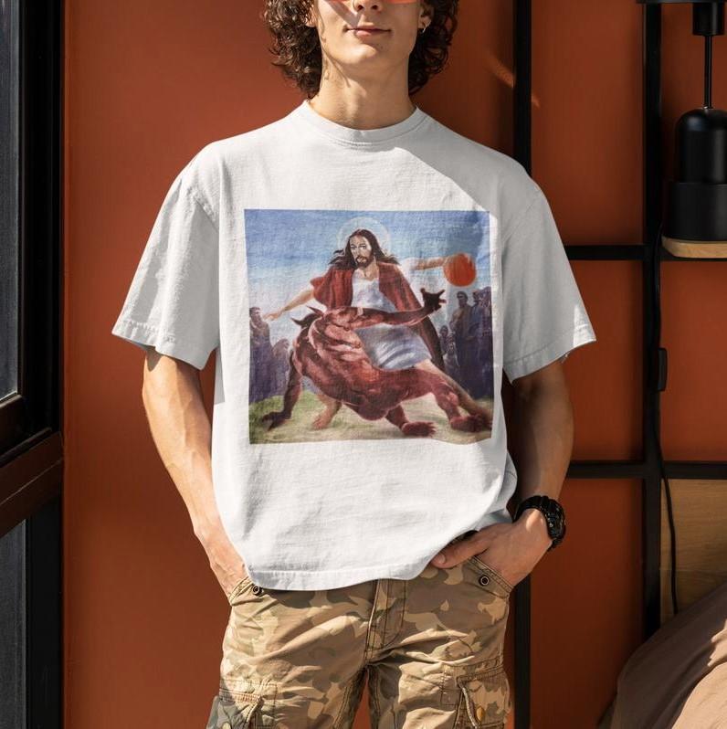 Jesus Crossing Up The Devil Christian T-Shirt, Jesus Shirt, Jesus Basketball Shirt, Unisex T Shirt Streetwear Menswear Top Underwear Tshirt