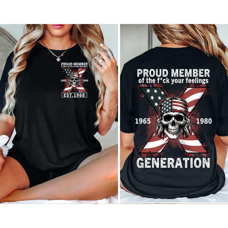 Custom Est.Year 1968 Skull GenX 2 Side Skull Shirt, GenX T-shirt, Skull Proud Member Generation X Shirt, Flag Skull Shirt
