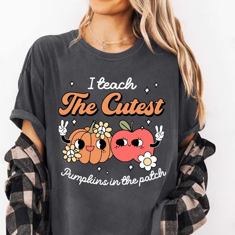 I Teach The Cutest Pumpkin In The Patch Shirt, Fall Teacher Shirt, Groovy Autumn Teacher Shirt, Retro Teacher Shirt, Pumpkin Teacher Shirt fall graphi