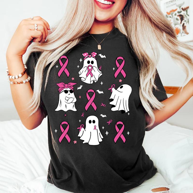 Coquette Breast Cancer Shirt, Ghost Halloween Graphic Tee, Support Squad Shirt, In October We Wear Pink Ghosts, Family Cancer Awareness Gift