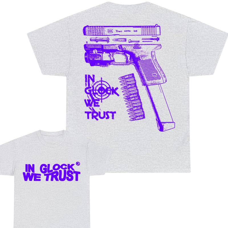 In Glock We Trust Limited edition Double Sided Print ,Full Color Cotton Classic Glock Tshirt for Men and Women - 'In Glock We Trust' - Menswear Collar