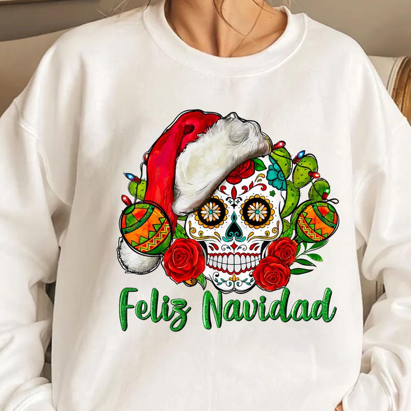 Feliz Navidad Sugar Skull Mexican Christmas T-Shirt