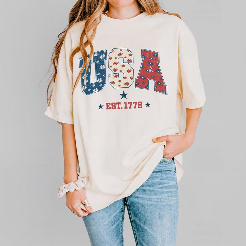 1776 America 4th of July Shirt, USA Floral Flowers Shirt, Comfort Shirt for Women, Retro America Shirt, 1776 Shirt, Comfort Oversized Tshirt, Independ