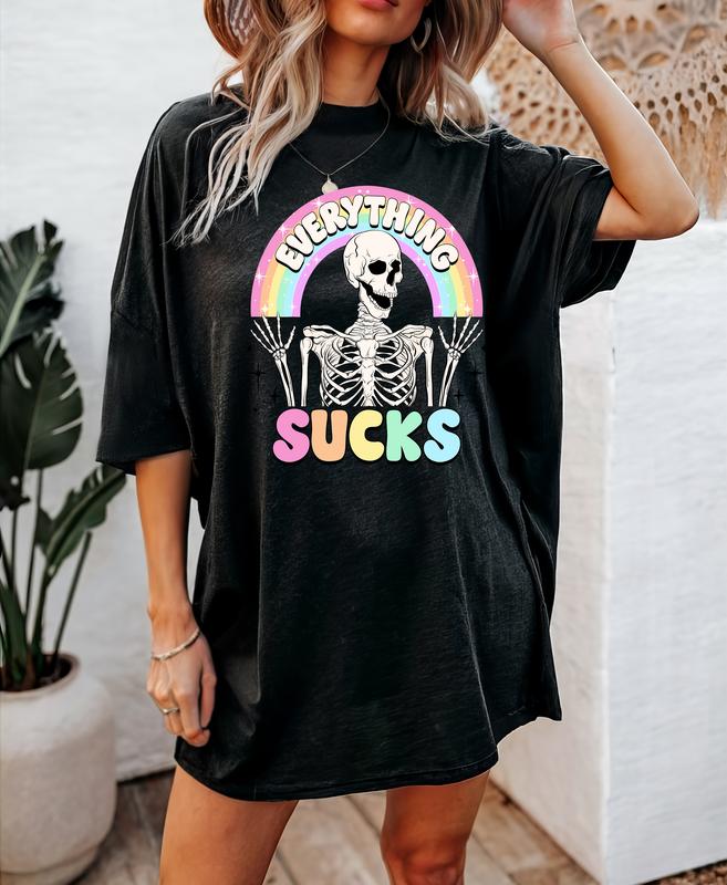 Everything Sucks - T-Shirt, Happy Skeleton, Bright Graphic, Funny Apparel