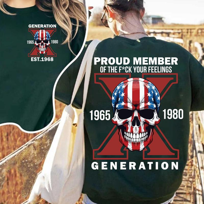 Custom Est.Year 1968 Flag Skull GenerationX 2 Side Skull Shirt, GenX T-shirt, Skull Proud Member Generation X Shirt, Skull Shirt V2