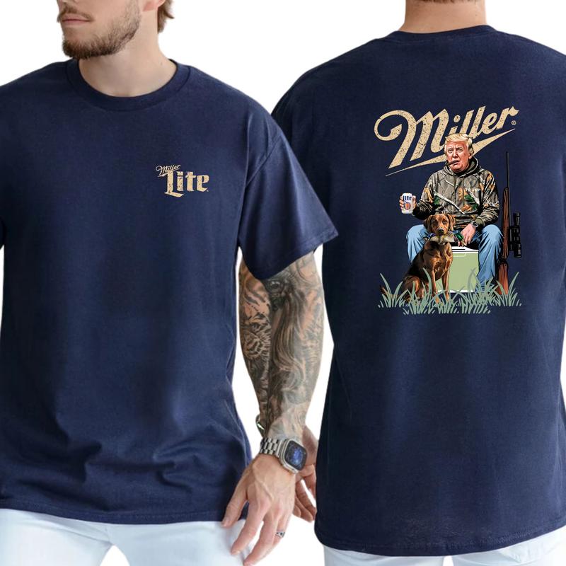 Hunter Trummp with Dog and Miler Lite Beer Shirt 2-Sided, Vintage Men's Buck Hunting Tshirt, Beer Drinking Tee, Hunt Tops, Classic Casual Menswear