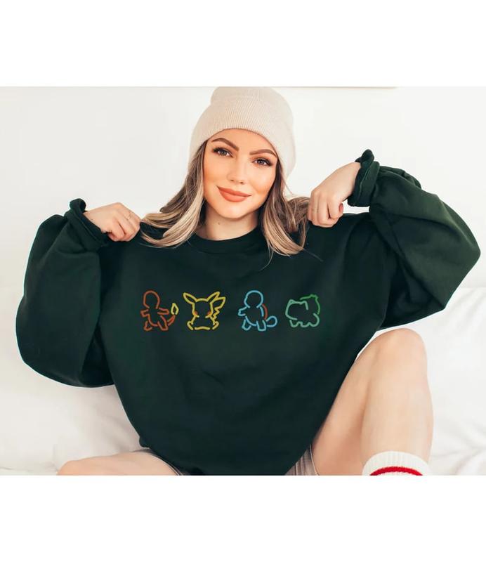 Pokemon Silhouette Sweatshirt, Pokemon Lover Gift, Pikachu, Charmander, Squirtle, Bulbasaur, Retro Cartoon, 90s Tee, Pokemon Hoodie