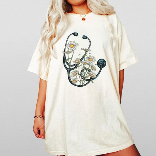 Floral Stethoscope T-Shirt, Nurse Stethoscope Shirts, Shirt For Nurse, Nurse Shirts, Nurse Daisy Flower Stethoscope Shirts, Doctor or Nurse Tshirts, W