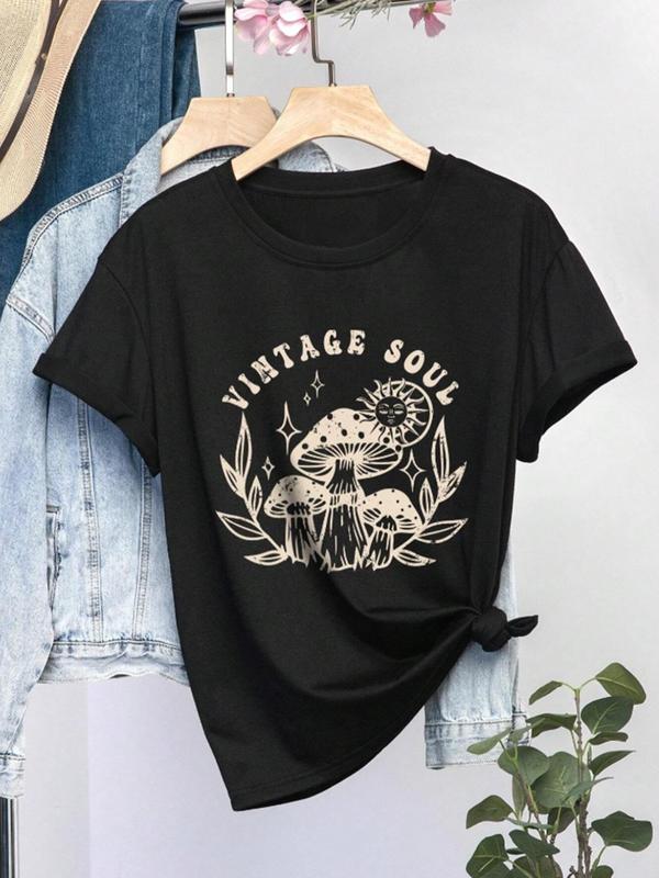 Women's Graphic Round Neck Tee, Summer Clothes Women, Casual Short Sleeve Crew Neck T-Shirt for Summer, Women's Top for Daily Wear