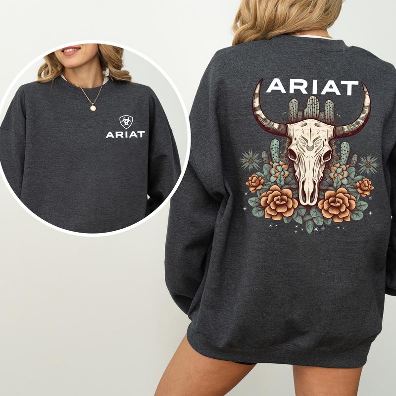 Vintage Ariat Floral Bull Skull 2-Sided Sweatshirt, Western Cowboy Crewneck, Country Cowgirl Sweater, Boho Women's Tops, Casual Cotton Womenswear