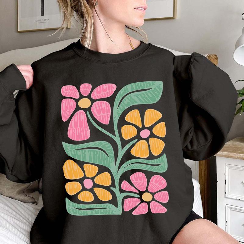 Subtle Anti Trump Flower Tee Shirt, Anti Trump Floral Tee Shirt Gift for Democrat, Fvck Trump Progressive Liberal Flower Tee Top Womenswear