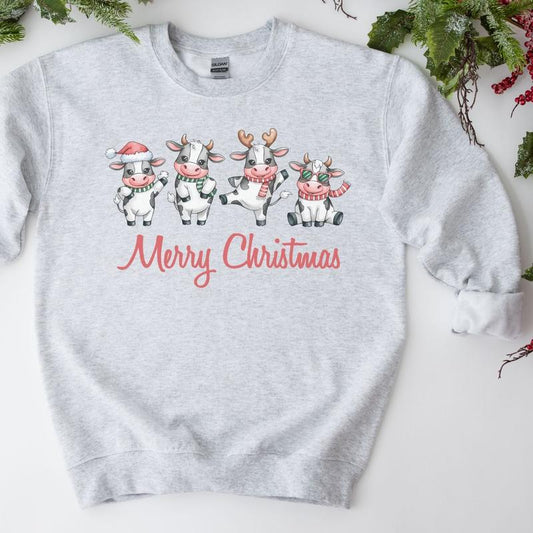 Merry Christmas Cows Crewneck Sweatshirt, Womenswear Christmas Soft Printed Sweatshirt, Cozy Holiday Oversized Top
