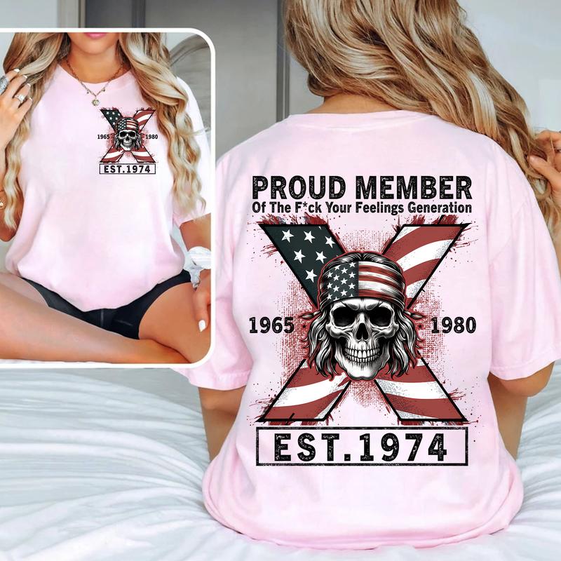 Custom Est.Year 1974 Proud Member GenerationX 2 Side Flag Skull Shirt, GenX T-shirt, Skull Generation X Shirt, Flag Skull Shirt