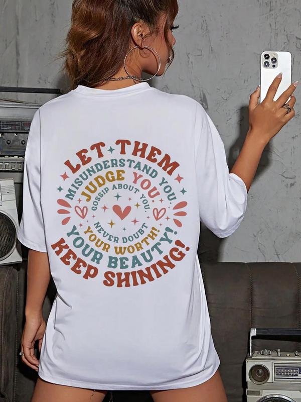 Women's Letter Print Drop Shoulder Tee, Summer Clothes Women,Â Casual Fashion Round Neck Half Sleeve T-Shirt for Daily Holiday Vacation Outdoor Wear, W