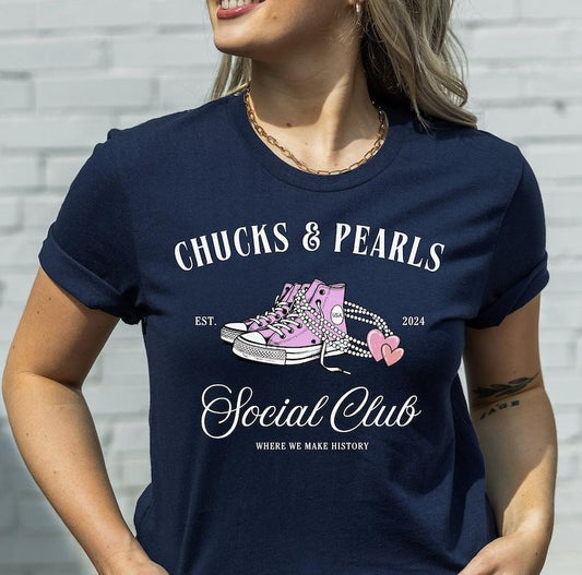 Chucks and Pearls 2024 Election Shirt Madame President Political Activism Tshirt
