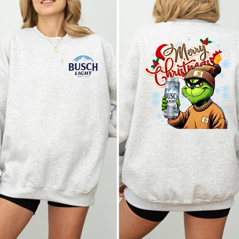 MERRY CHRISTMAS BUSCH LIGHT GRYNCH 2 Sided Sweatshirt, Christmas Sweatshirt with beer, Unisex for Men and For Women