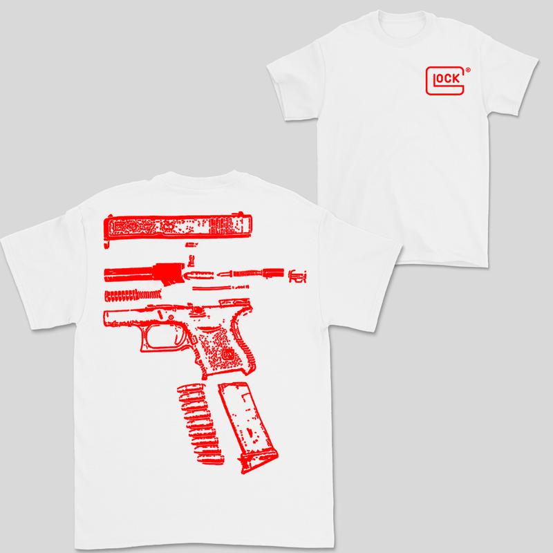 In Glock We Trust Double Side White Version Shirt Menswear Top, New Design color Red,Yellow,Blue,Green,Light Pịnk,Purple,White