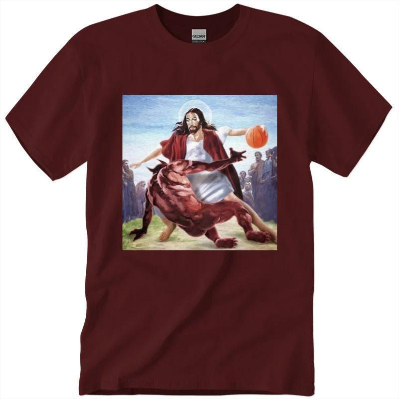 Jesus Crossing Up The Devil T-Shirt, Jesus Basketball Shirt Unisex Classic Cotton Collar Fabric