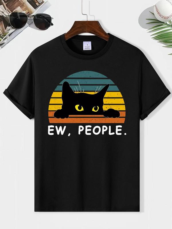 Men's Cartoon Cat & Letter Print Tee, Casual Summer Graphic T-shirt, Comfortable Regular Fit Short Sleeve Round Neck, Perfect for Daily Wear