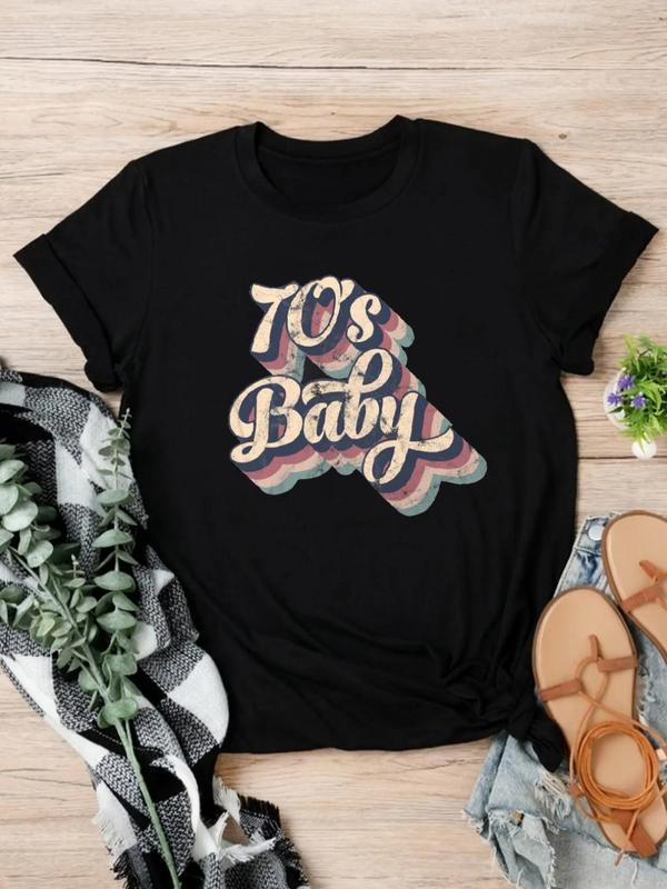 Women's 70's Baby Print Round Neck Graphic Tee, Vintage Graphic Tees, Trendy Casual Short Sleeve T-shirt, T Shirts for Women, Summer Outfits 2024, Lad